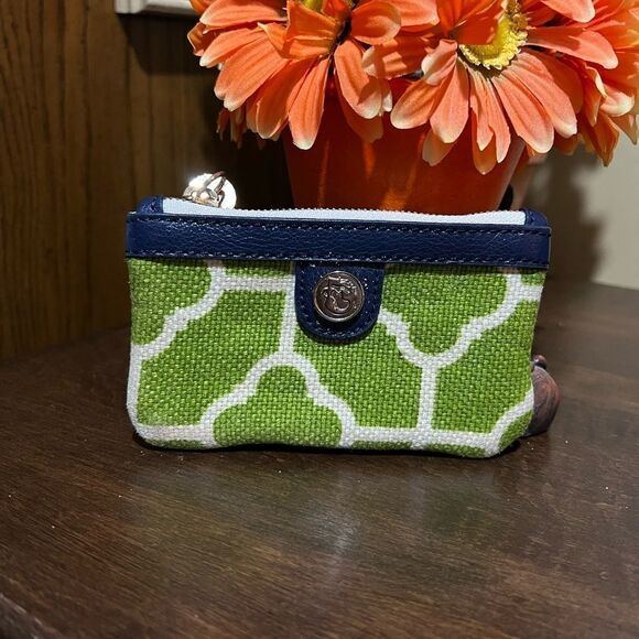 Spartina 449 Tassel Green Ivory and Navy Linen Leather Wristlet - Picture 1 of 4